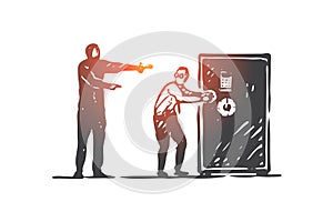 Bank, heist, crime, robbery, thief concept. Hand drawn isolated vector.