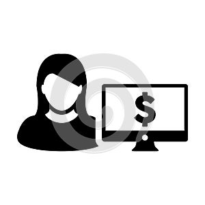 Bank icon vector female user person profile avatar with computer monitor and dollar sign currency money symbol for banking