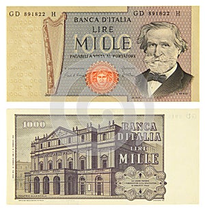 Bank of Italy, old italian banknote of 1000 lire with Giuseppe Verdi portrait, 1981, Italy