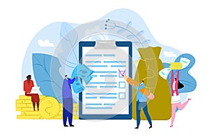 Bank loan contract concept, vector illustration. Agreement on paper document, tiny people with banking financial