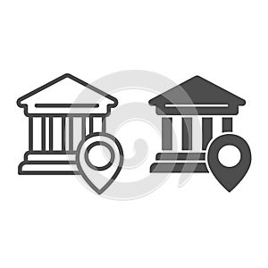 Bank location line and glyph icon. University location vector illustration isolated on white. Pin on building outline