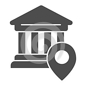 Bank location solid icon. University location vector illustration isolated on white. Pin on building glyph style design