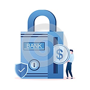 Bank lock or strongbox and businessman hold coin,safe deposit to the bank