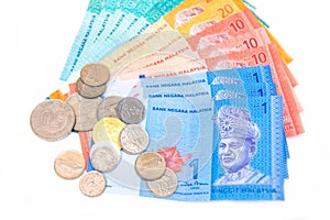 Bank note of Ringgit Malaysia and coin