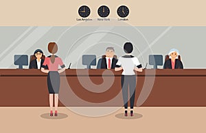 Bank office:Bank employees sit behind a barrier with glass and serve the Bank customers.Elegant interior with three wall clocks