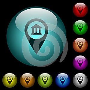 Bank office GPS map location icons in color illuminated glass buttons