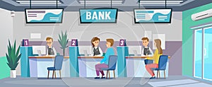 Bank office interior design with customers at tellers desk. Vector illustration