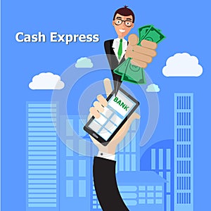 Bank officer offer cash express to smart phone