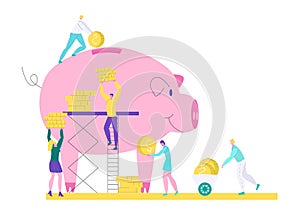 Bank operations, deposit money in piggy bank concept, flat vector illustration. Business financial payments, currency