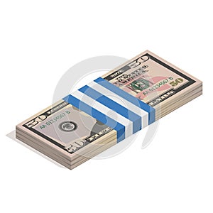 Bank packaging of fifty dollar bills, bundle of US banknotes, pile of cash, paper money. The concept of financial