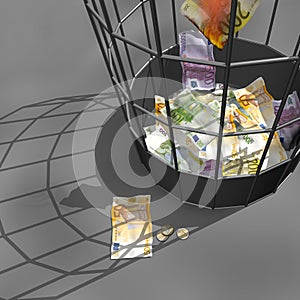 Bank-papers of euro in a trash basket.