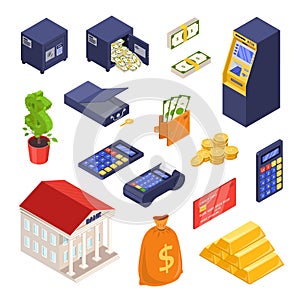 Bank and payment isometric icons. Money, finance, banking, investment and commerce vector illustration