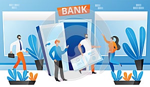 Bank people, financial currency transaction, vector illustration. Cartoon man near bank building hold money, credit