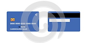 Bank plastic credit or debit contactless smart charge card front and back sides with EMV chip and magnetic stripe. Blank