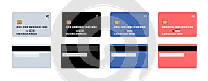 Bank plastic credit or debit contactless smart charge card front and back sides with EMV chip and magnetic stripe. Blank