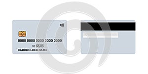 Bank plastic credit or debit contactless smart charge card front and back sides with EMV chip and magnetic stripe. Blank