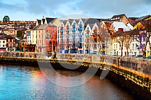 Bank of the river Lee in Cork, Ireland city center with various shops