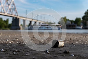 On the bank of the river lies an old metal can