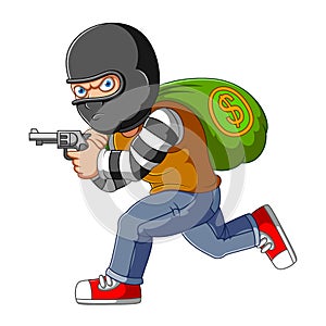 Bank robber running with money bags and gun