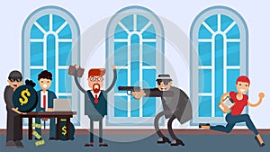 Bank robbery, criminals in hats and glasses threaten with a pistol vector flat illustration.