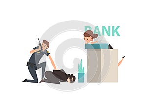 Bank Robbery, Police Man Caught Criminal, Police Officer Arrested Robber Vector Illustration
