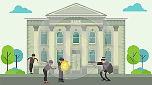 Bank robbery by thieves, crime committed by armed criminals, robbers stole money, design, cartoon style vector