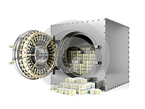 Bank safe deposit box and opened bank vault door revealing dollar banknote stacks, 3D Rendering