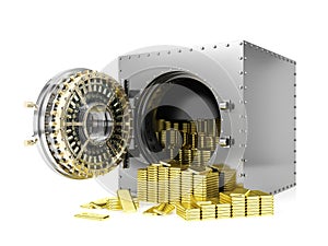 Bank safe deposit box and opened bank vault door revealing gold bars, 3D Rendering