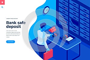 Bank safe deposit isometric vector illustration for landing page header template or web banner with copy space for text.