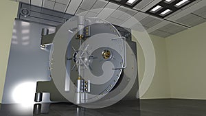 Bank safe door, large metal vault door open, 3D illustration