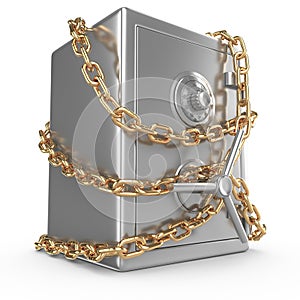 Bank safe with golden chain and padlock