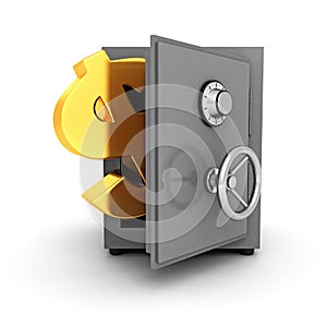 Bank safe with golden dollar symbol on white background