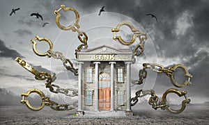 Bank slaves concept. Bank building with fetters