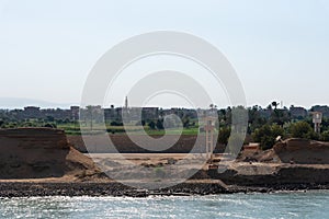 Bank of the Suez Canal, panorama view from transiting cargo ship.