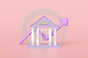 bank or tax office building with charts, graph analysis business financial data, arrow isolated on pink background. business