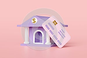 bank or tax office building with credit card icon isolated on pink background. online shopping, saving money, online payment,