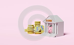 Bank or tax office building with dollar coin, piggy bank  isolated on pink background. saving money concept, 3d illustration, 3d