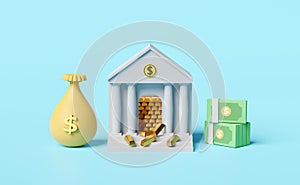 Bank or tax office building with gold bar money bag,pile dollar banknote isolated on pink pastel background.bank financing,money