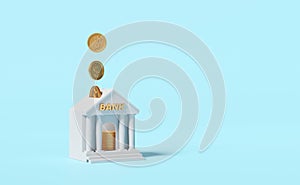 Bank or tax office building with gold dollar coins isolated on blue pastel background.bank financing,money exchange concept,3d