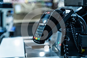 Bank terminal for payment purchases in store by credit cards