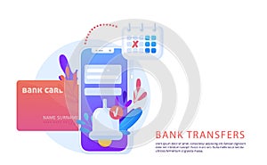 Bank transfers, Fast Mobile banking concept with credit card illustration with leaves