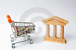 Bank and the trolley with money. The concept of dividend payments, deposits in banks. Banking system, investment in the economy.