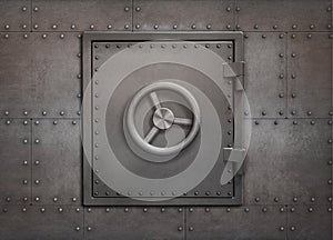 Bank vault or bunker door on metal wall 3d illustration