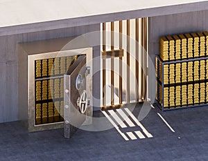 Bank vault, gold bars and gold reserves. Armored safe. Keep your savings safe. Bank robbery.