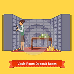 Bank vault room with a clerk and deposit boxes