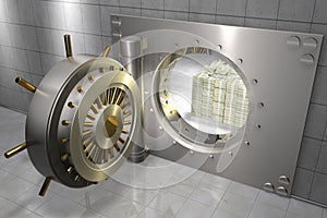 Bank vault with stack of 100 dollar bills