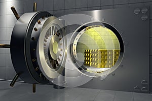 Bank vault with stack of gold bars