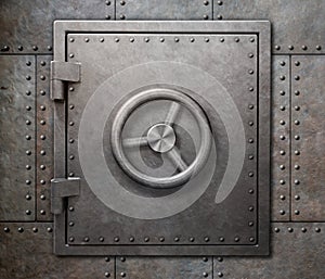 Bank vault or undeground shelter door on steam punk metal background 3d illustration