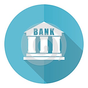 Bank vector icon, flat design blue round web button isolated on white background