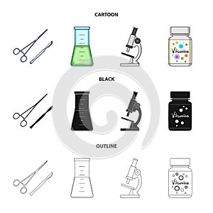 A bank of vitamins, a flask with a solution and other equipment.Medicine set collection icons in cartoon,black,outline